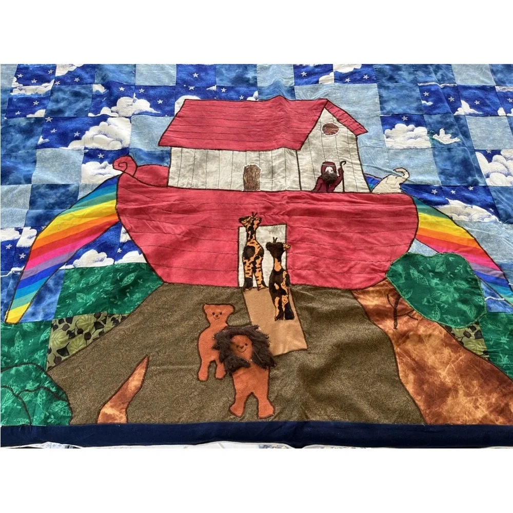Noah’s Ark Rainbow Baby Patch Quilt Throw Lion Giraffe Elephant Handmade Vintage